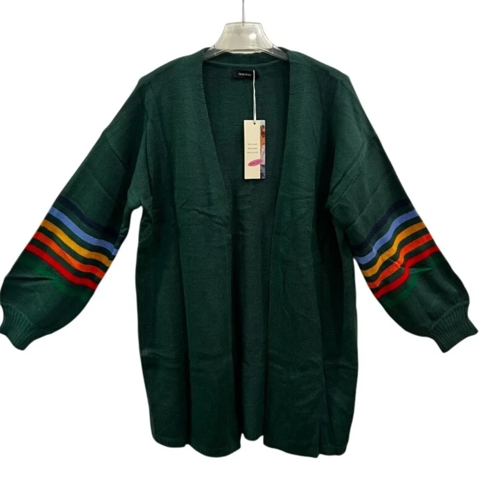 DOKOTOO Women Green Rainbow Stripe Sleeve Open Front Knit Cardigan‎ Sweater Med